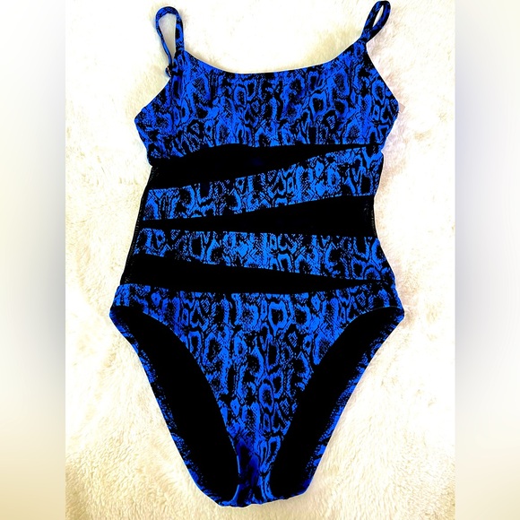 Shade & Shore Snakeskin Mesh Detailing Blue and Black One Piece Swimsuit Size S - Picture 3 of 13